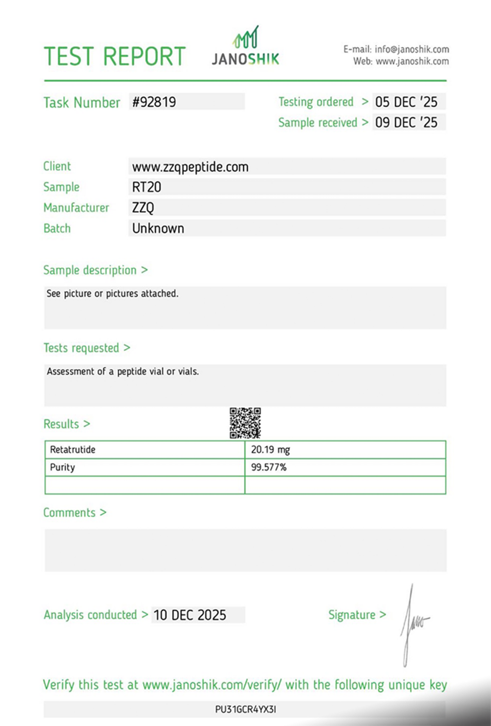Reta Certificate of Analysis