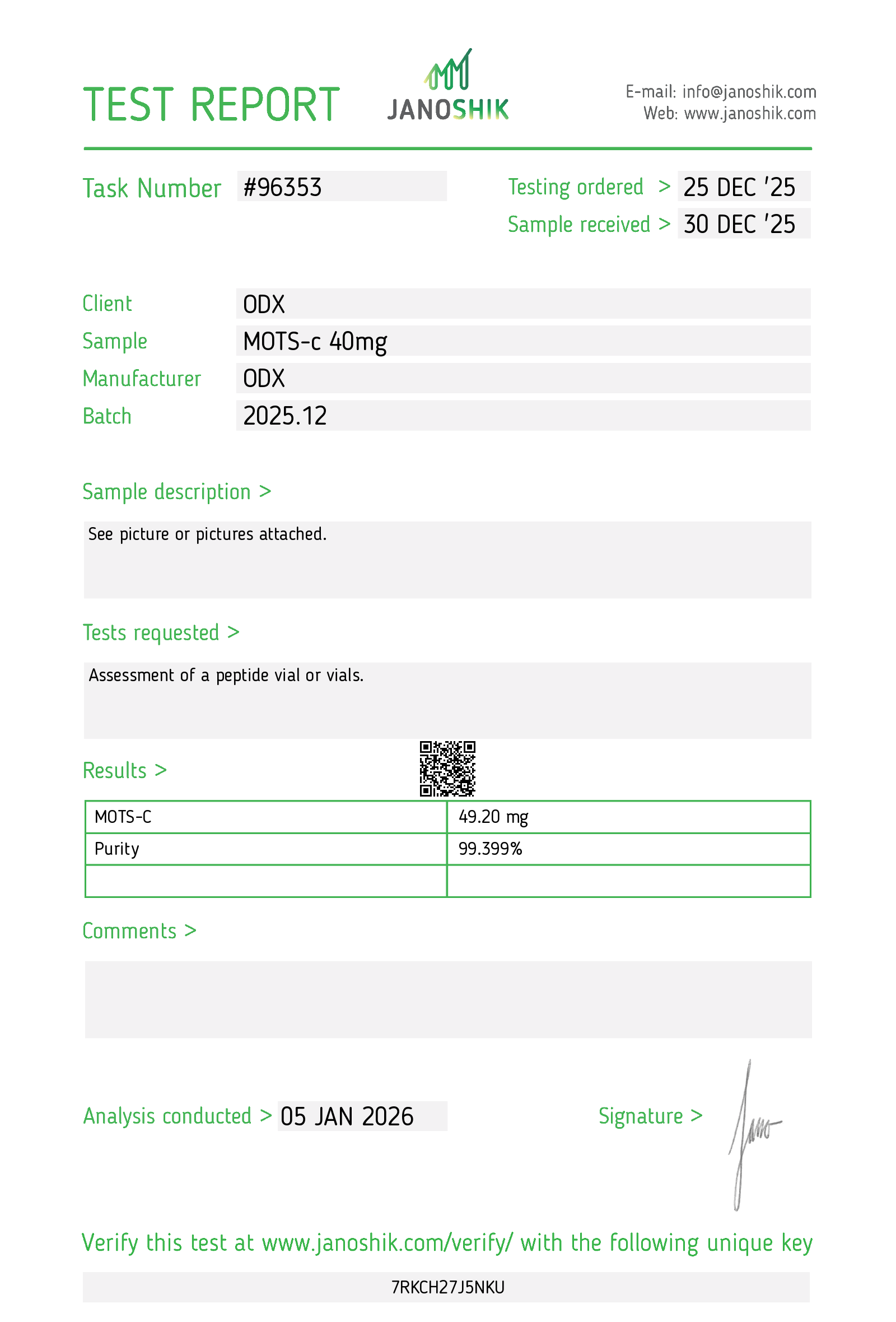 MOTSC - Certificate of Analysis