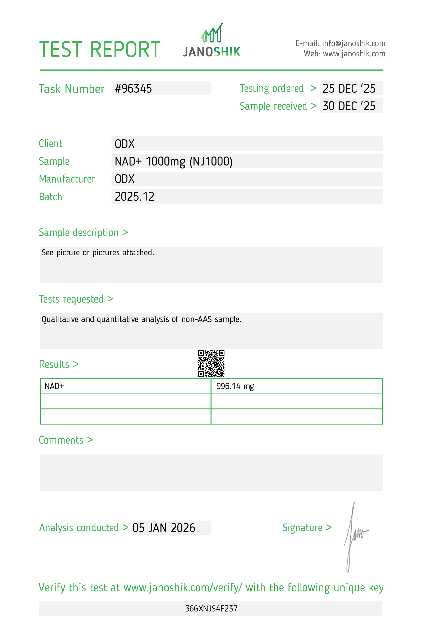 NAD+ - Certificate of Analysis